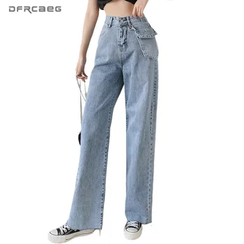 

Loose Women Wide Leg Jeans With Pocket 2020 Autumn High Waist Vintage Denim Straight Pants Long Femme
