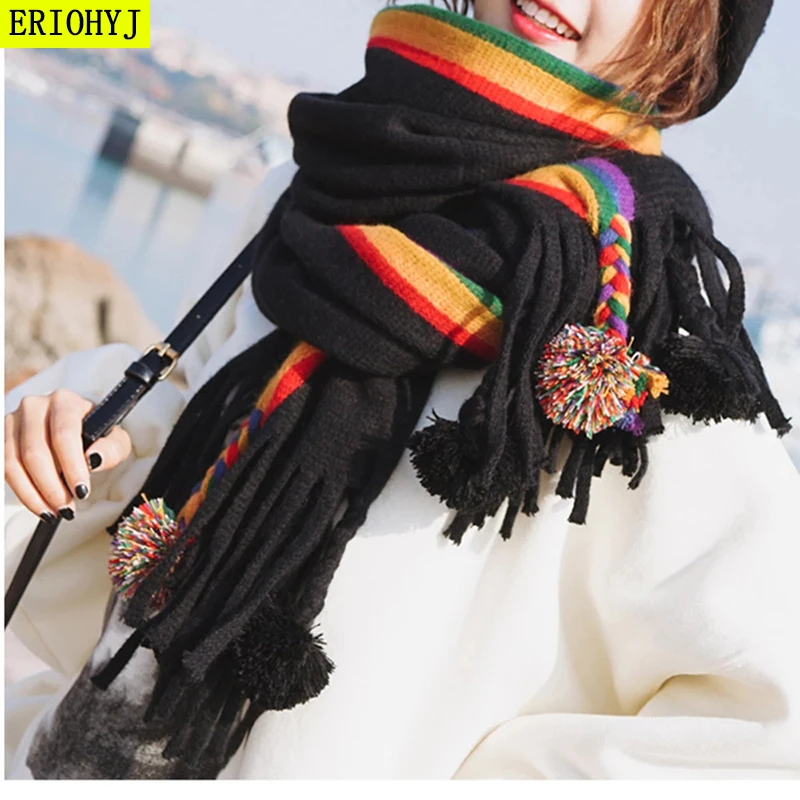 

Scarf female autumn and winter stripes color matching couples imitation cashmere rainbow strips warm men and women knitted shawl