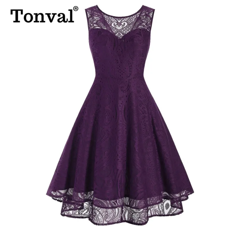 Tonval винтажное милое кружевное фиолетовое платье Элегантная женская одежда v-образный вырез сзади Высокий Низкий Подол миди вечерние платья - Цвет: Фиолетовый