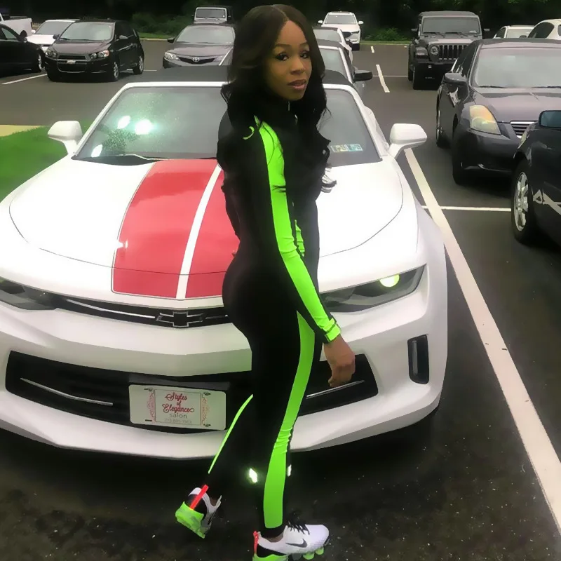 

Women's Zipper Neck Green Striped Side Long Sleeve Sports Yoga Jumpsuit Workout Gym Fitness Long Pants Athletic wear Ativewear