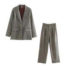 *#Best Price 2019 autumn and winter temperament women's suit plaid pants set Fashion long ladies jacket small suit Casual trousers set of two *#Best Price 2019 autumn and winter temperament women's suit plaid pants set Fashion long ladies jacket small suit Casual trousers set of two