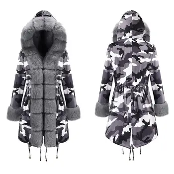 

2019 Winter Jacket Women Warm Hooded Jacket Faux Fur Collar Camouflage Cotton Coat