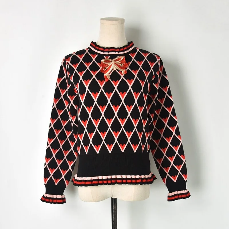 

2019 Fall Winter Vintage Heart Print Women Knitted Sweaters Pullovers Runway Bow Embroidery Female Sweater Jumper Clothes