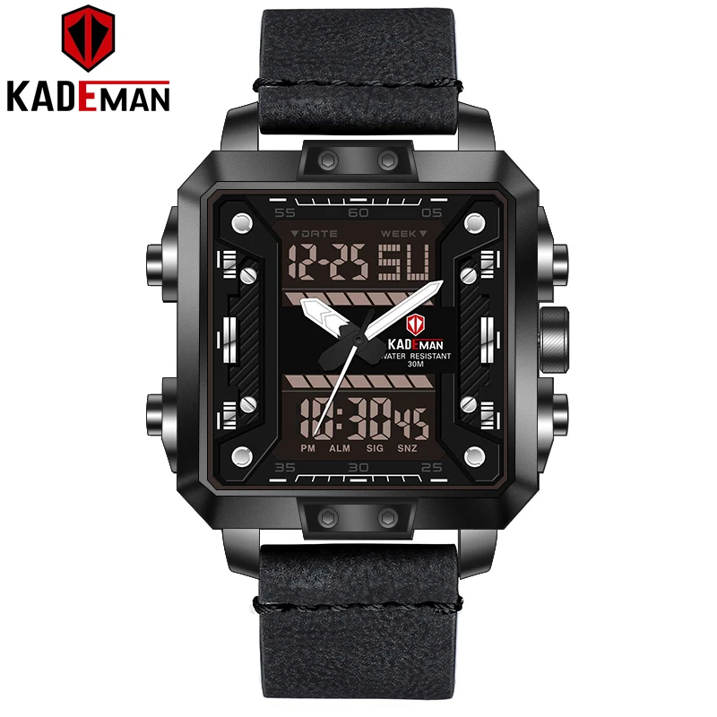 KADEMAN Новые квадратные часы для мужчин лучший бренд класса люкс двойной дисплей наручные часы водонепроницаемые спортивные военные мужские часы Relogio Masculino - Цвет: K6153-B-W-B