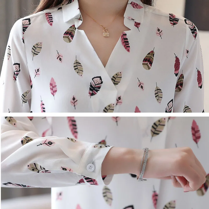 Женская блузка Осень, женские топы, шифоновая блузка, рубашки для женщин, топы с v-образным вырезом и пуговицами, белые рубашки с длинным рукавом 0278