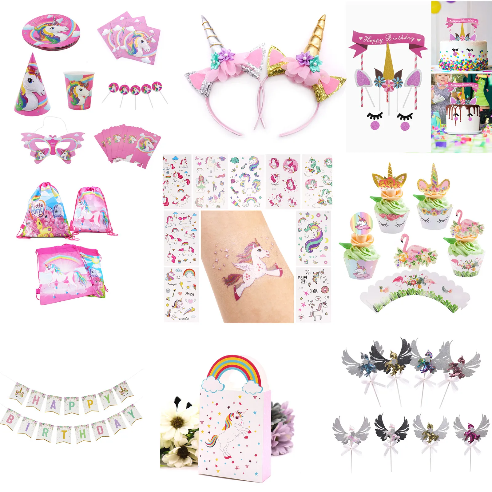 

Birthday Unicorn Party Photo Booth Props/Flag/Unicorn Tattoo Sticker/Birthday Party Decor Kids Baby Shower Eenhoorn Party Supply