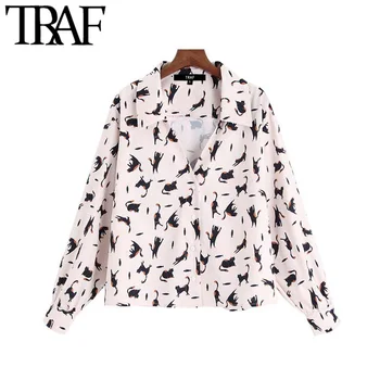 

TRAF Women Vintage Stylish Animal Print Blouses Fashion Lapel Collar Long Sleeve Office Wear Female Shirts Blusas Chic Tops