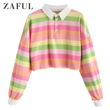 

Zaful Contrast Striped Patchwork Women Causal Sweatshirts Autumn Lapel Long Sleeve Female Tops Loose Half Button Femme Pullovers