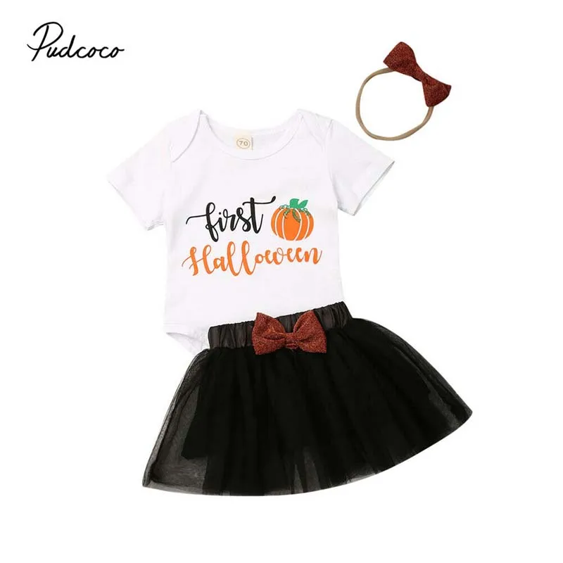 

2019 Baby Summer Clothing Newborn Kids Baby Girl Short Sleeve Halloween Pumpkin Romper+Tutu Chiffon Skirts Headband 3pcs Outfits