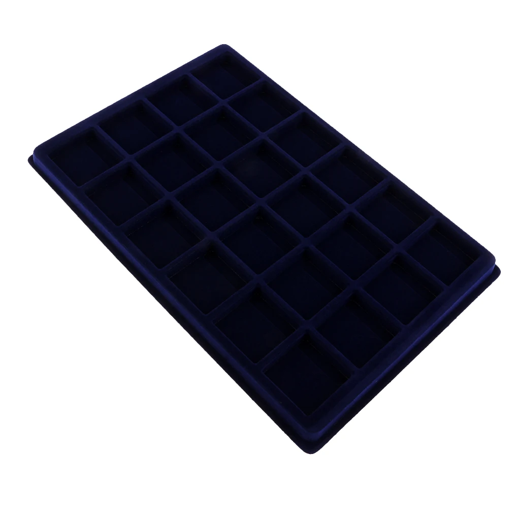 24 Grid Velvet Frame Coin/Jewelry Display Tray Box for Exhibition Hall -Blue