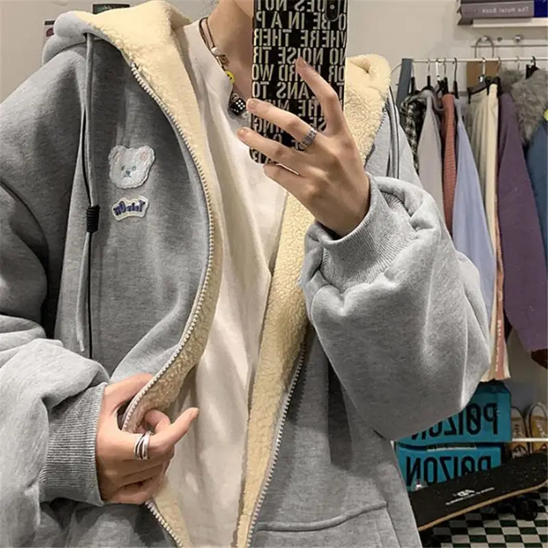 Lamb wool sweater women's 2021 winter Plush thickened design sense of minority hooded cardigan coat ins fashion loose Korean ver