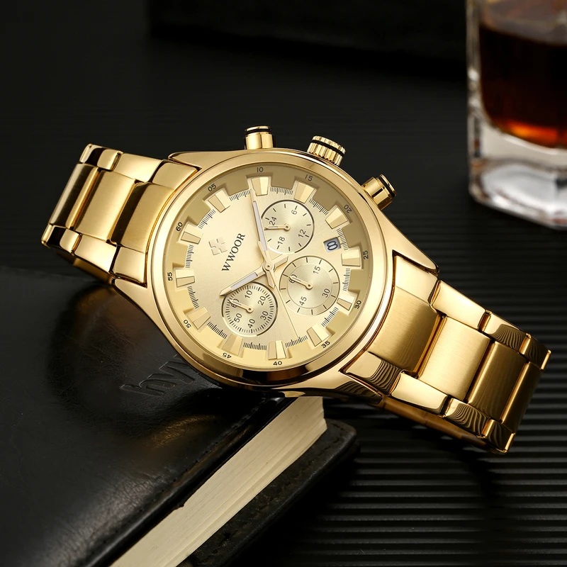 Мужские часы лучший бренд класса люкс WWOOR золотые черные часы мужские Новые водонепроницаемые Хронограф Золотые мужские наручные часы мужские