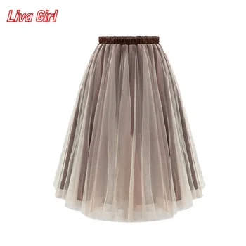 

Summer Tutu Tulle Skirt Ladies Office Party Midi Pleated Skirts Women Fashion Vintage High Waist Lace Ball Gown faldas saia jupe