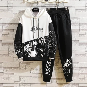 

Men's Cotton Hoodied Sweatshirts Tracksuit Casual Printed Two Pieces Sets Hoodies+ Pants Brand Men Sportswear Set 8 Color M-3XL