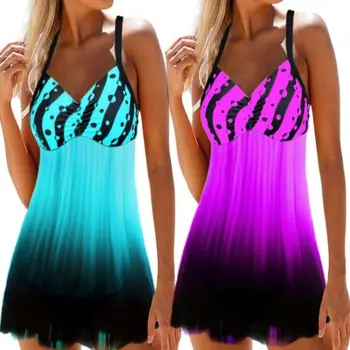 

2pcs/set Women Bikini Set Halter Backless Gradient Tank Top Boyshort Bathing Suit