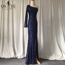

One Shoulder Navy Evening Dress Glitter Mermaid Prom Gown Dark Blue Long Sleeves Party Gown Sequin Sexy High Split Formal Dress