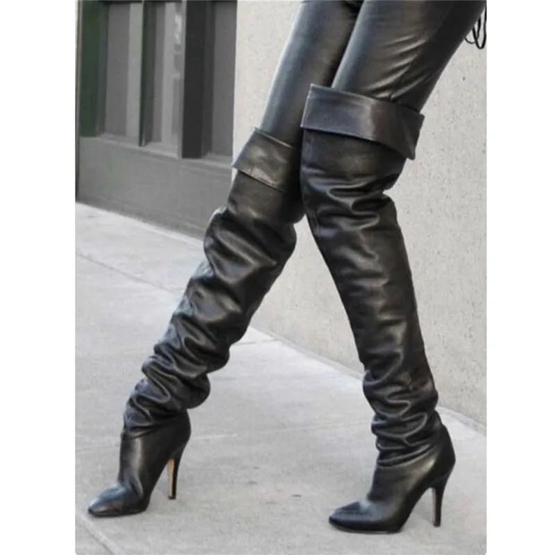 

New Sexy Black Thigh High Boots Women PU Leather Plus Size Over The Knee Heeled Boots Pointed Toe High Heels Shoes Women 2019