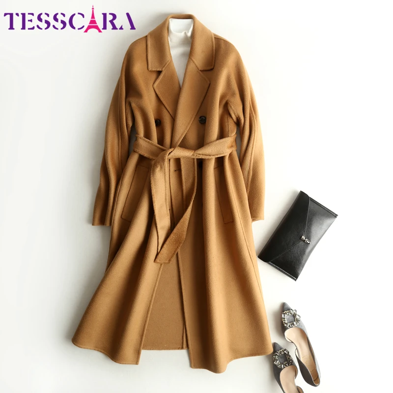 

TESSCARA Women Autumn & Winter Elegant Belt Cashmere Jacket Coat Female Wool Blend Basic Jackets Designer Long Outerwear & Coats