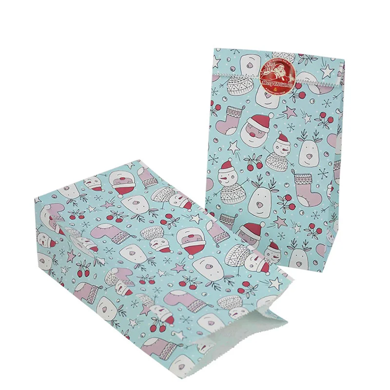 12Pcs Christmas Gift Bag Kraft Paper Candy Cookies Bag With Sticker Christmas Tree Food Packing Bags Xmas Birthday Party Decor