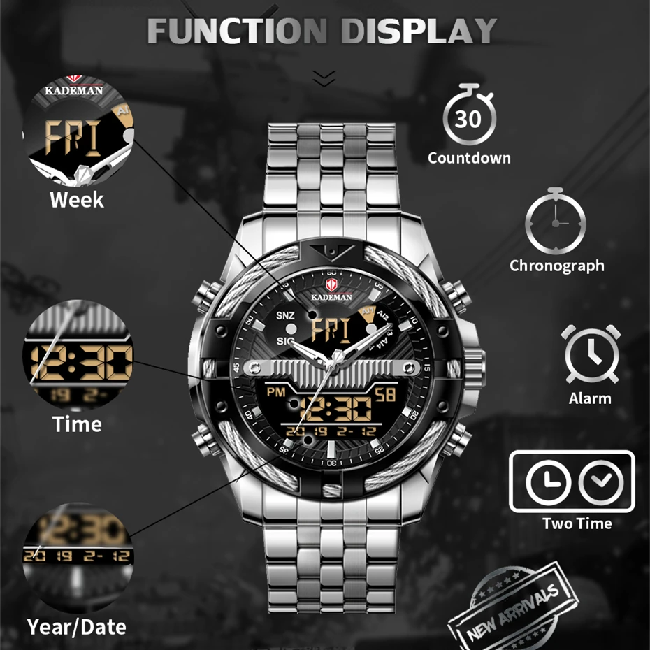 KADEMAN Gold Watch Men Dual Display Wristwathes Stainless Steel Digital Quartz Sport Men's Watches 2021 Luxury Brand Waterproof