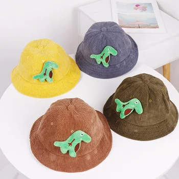 

2020 New Children's hat autumn and winter corduroy cartoon dinosaur baby fisherman bucket hat dark baby sun hat kids beanies