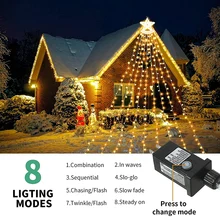 

3.4m Flashing Waterfall Lights 350 LEDs Waterfall Christmas Tree Light with Topper Star 8 Modes Lighting Meteor Shower LED Light