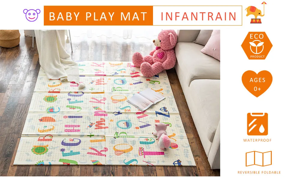 INFANTRAIN Baby Play Mat Foldable Kids Playmat Infants Reversible XPE Crawling Mat Toddlers Foam Play Mat Non-Toxic Size 200*180