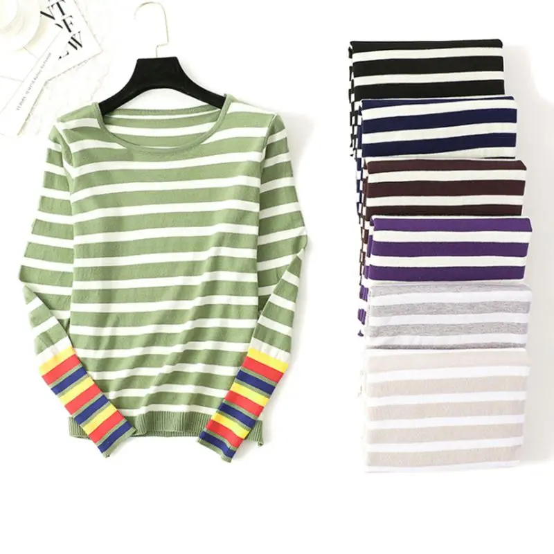 

Womens Autumn Long Sleeve Crew Neck Knit Sweater Stripes Printed Rib Trim Rainbow Cuffs Casual Pullover Basic Jumper Tops