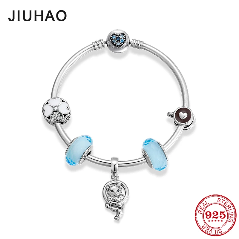 925 пробы Серебряный озорной котенок кулон Подвески из бисера браслеты diy для моды цветок безопасности цепи ювелирные изделия для женщин подарок