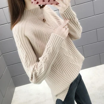 

Autumn Winter Women Sweater Pullover 2019 New Korean half Turtleneck Knitted Sweater Women Jumper Solid color Thick Casual Tops