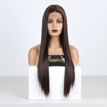 

RONGDUOYI Free Part Silky Straight High Temperature Fiber Synthetic Lace Front Wig Dark Brown Glueless Front Lace Wigs for Women