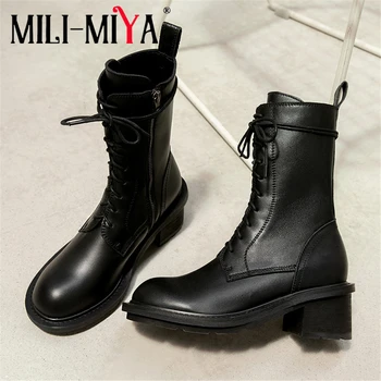 

MILI-MIYA Classic Martin Shoes Women Cow Leather Ankle Boots Square Heels Zipper Lace-Up Round Toe Motorcycle Boots Size 34-40