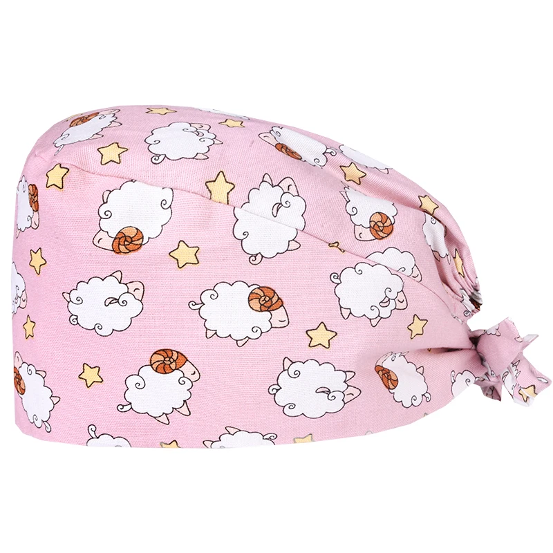 

Sheep Pink Nurse Surgical Caps Medical Scrub Hat for Women 100% Cotton with Sweatband Chef Skull Caps Hospital Tieback Hats
