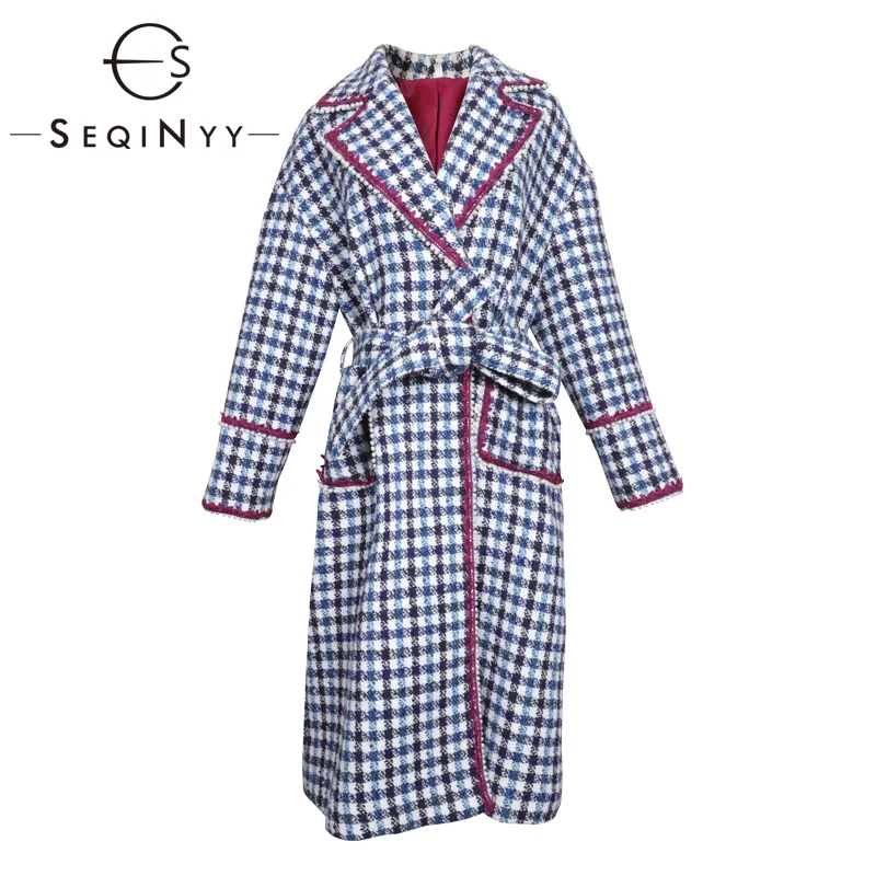 SEQINYY, длинное пальто, Осень-зима, модный дизайн, женский синий, черный, в клетку, фиолетовый, с кружевом, с бусинами, толстый Топ