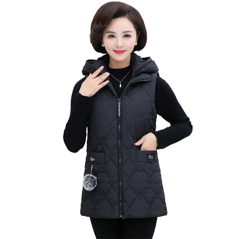 Black Hooded Coats And Jackets Women Tops 2019 Winter New Casual Plus Size Mother Waistcoat Female Zipper Sleeveless Cotton Vest