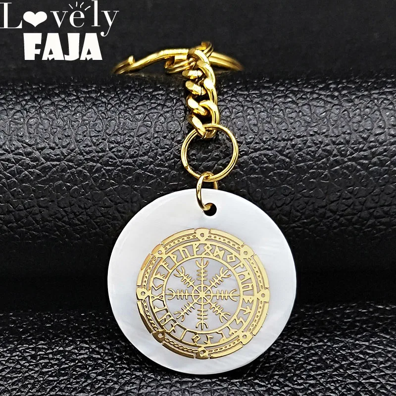 

Viking Icelandic Vegvisir Helmet Magical Staves Compass Rune Amulet Collier Shell Stainless Steel Key Chains Men Jewelry K77670B