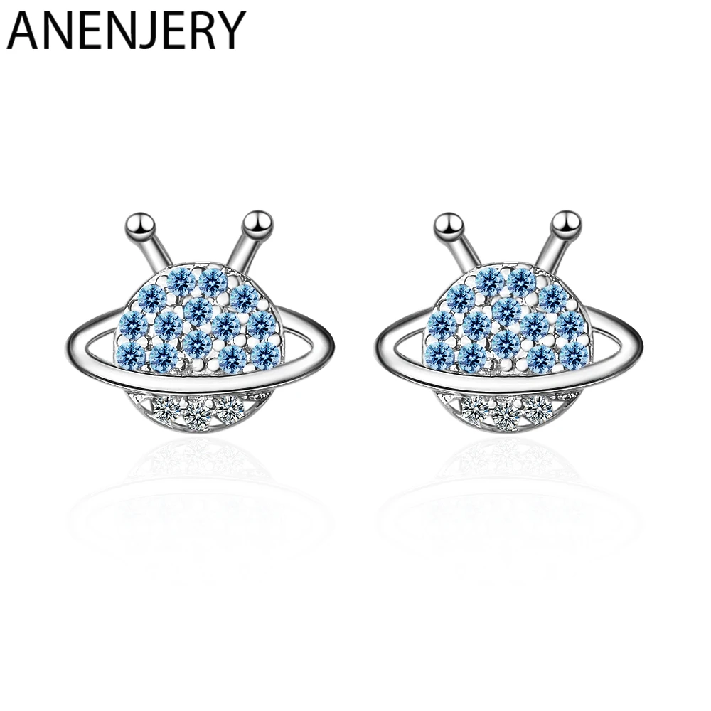 ANENJERY простой 925 пробы серебро микро циркон синий серьги планета для женщин Девушка подарок S-E908