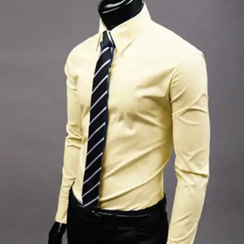 Модная мужская хлопковая Однотонная рубашка с длинным рукавом и пуговицами, официальная деловая рубашка - Цвет: Цвет: желтый