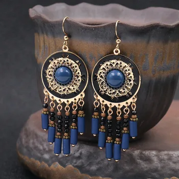 

Bohemian Crystal Pendant Earrings Woman Boho Vintage Palace Long Bule Tassel Earrings Fashion Banquet Jewelry Accessories