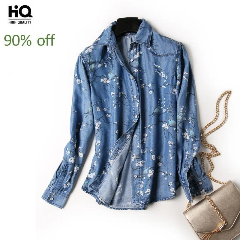 

2020 Spring Summer New Womens Denim Shirts Retro Printing Slim Fitness Jean Shirts Long Sleeve Single Breasted Blouse Female Top