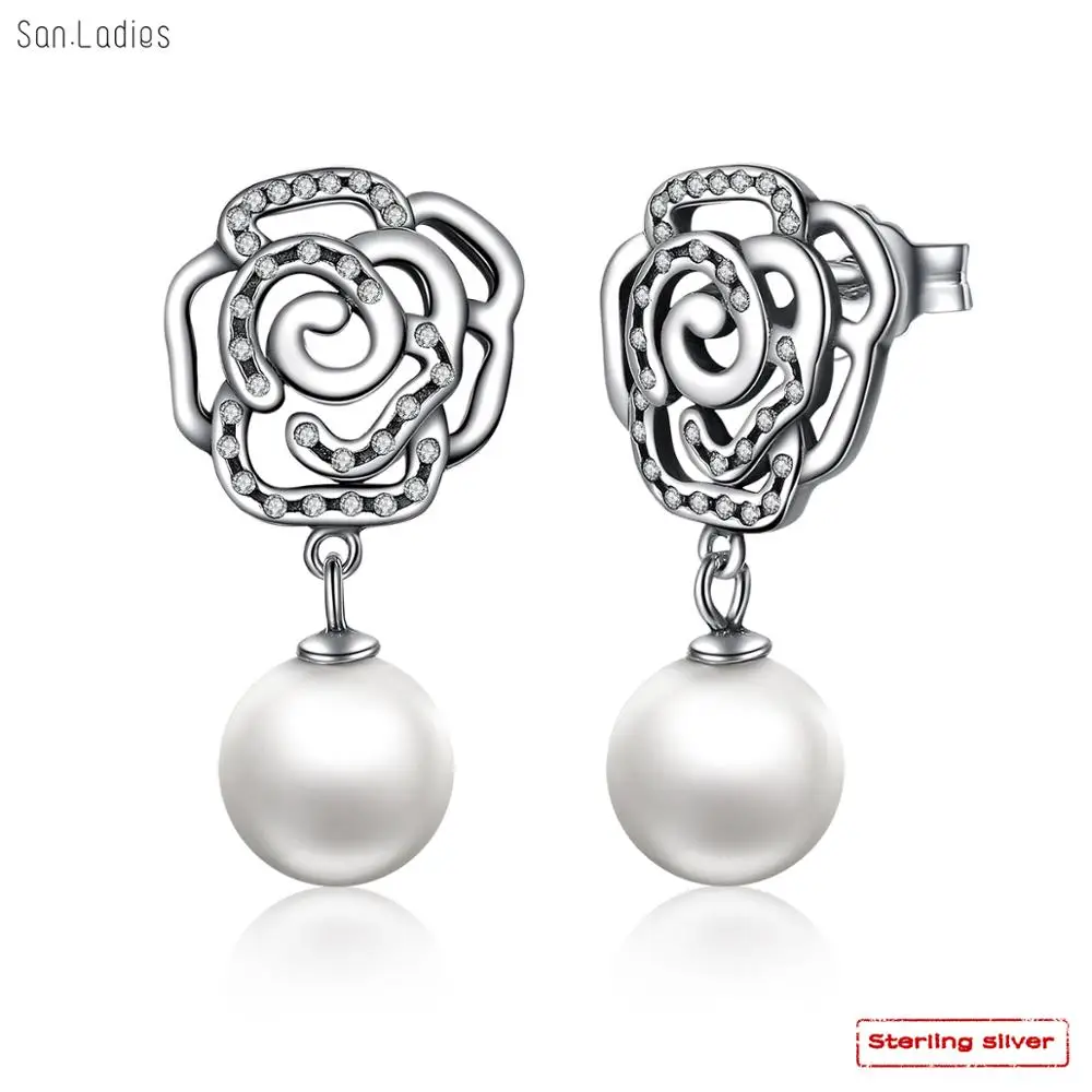 

San.Ladies Brand new pearl Daisy flowers drop earrings fashion Women Real 925 Sterling Silver earrings Jewelry