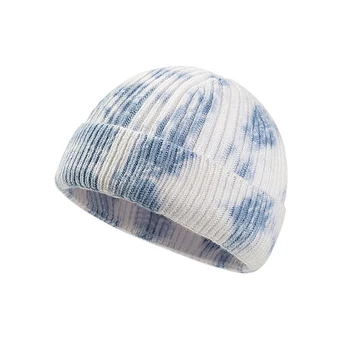 Alternative view of Korean Autumn Winter Women's Knitted Hat Tie-dye Ribbed Knit Hats Gradient Color Cuffed Short Melon Cap Men Women Beanie Hat
