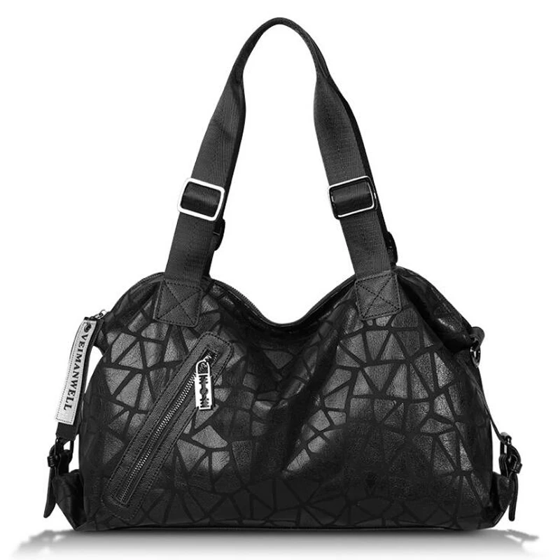 

Real Leather Geometry Pattern Women Handbag Large Tote Shoulder Bag Black Big 40cm Designer Travel Satchel For Female