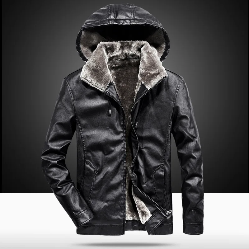 Winter Leather Jacket Men Velvet Thick Warm Motorcycle Windbreaker Hooded Fleece Coat M-4XL Chaqueta Moto Hombre | Мужская одежда