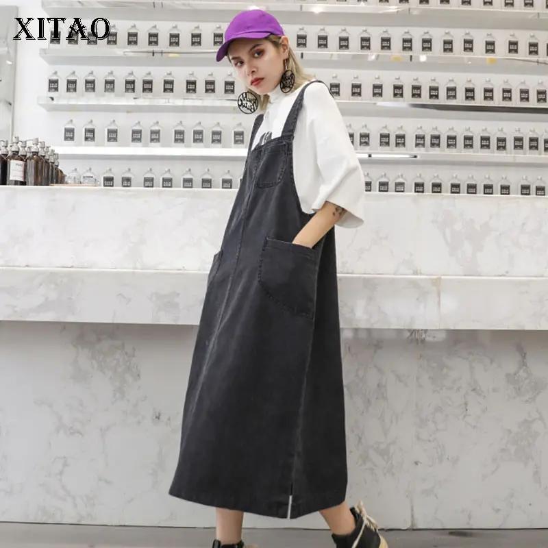 

XITAO Off Shoulder Midi Dress Women Korea Fashion New Pocket Split Sleeveless Elegant Strapless Minority Casual Dress GCC1529
