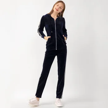 

EC.MS Women's Tracksuit set 2 Piece Solid Velvet Striped Full Zip-up Hooded Sportswear