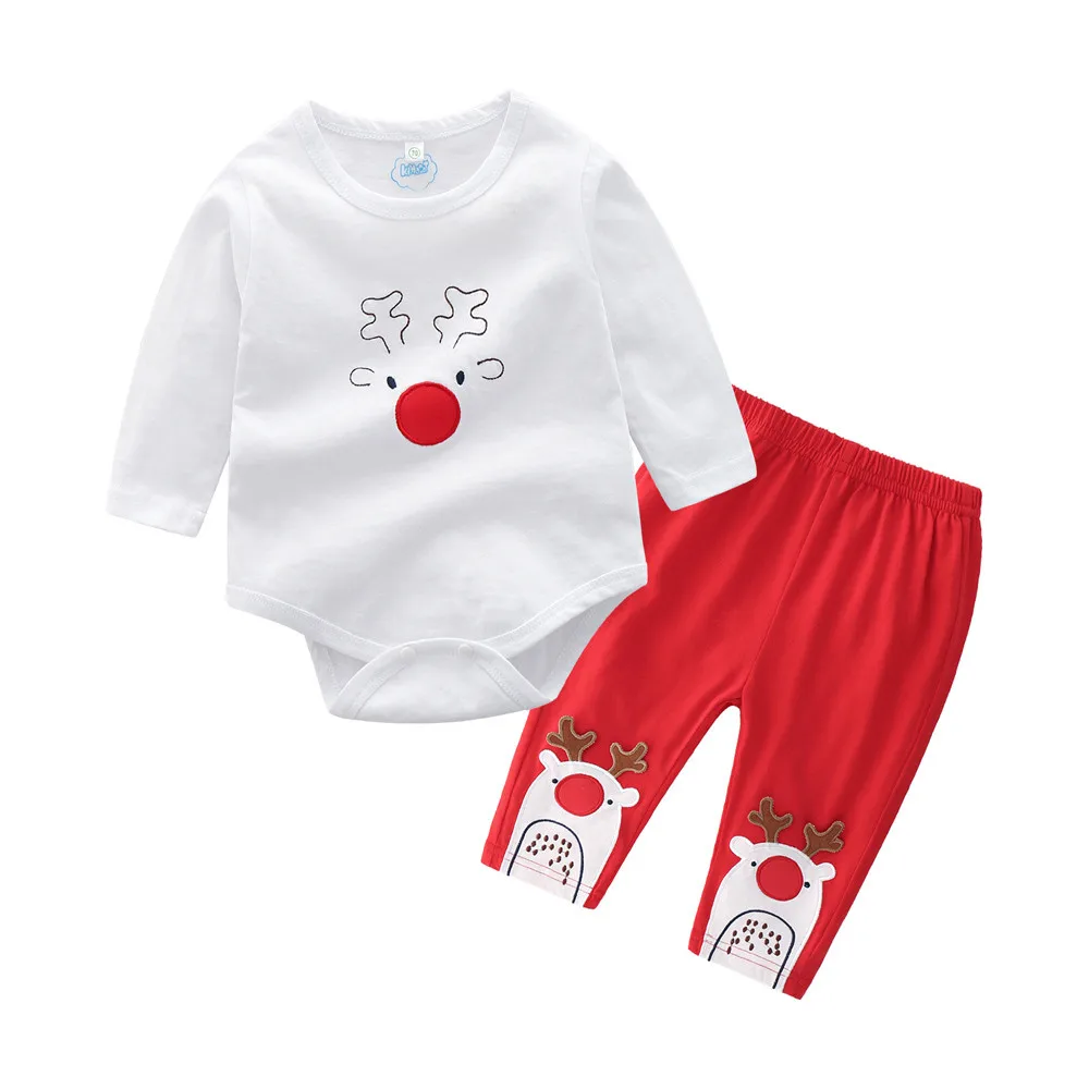 Комплект одежды для маленьких мальчиков и девочек, комбинезон для малышей Рождественский топ с длинными рукавами+ штаны, комплект одежды из 2 предметов для малышей