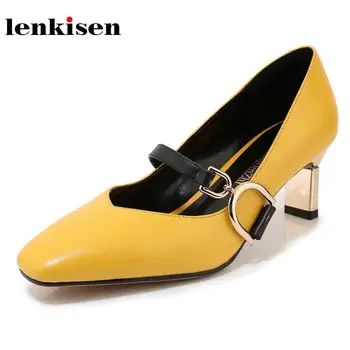 

Lenkisen bright colors cow leather shallow round toe high heels metal buckle decorations office European style fashion pumps L02