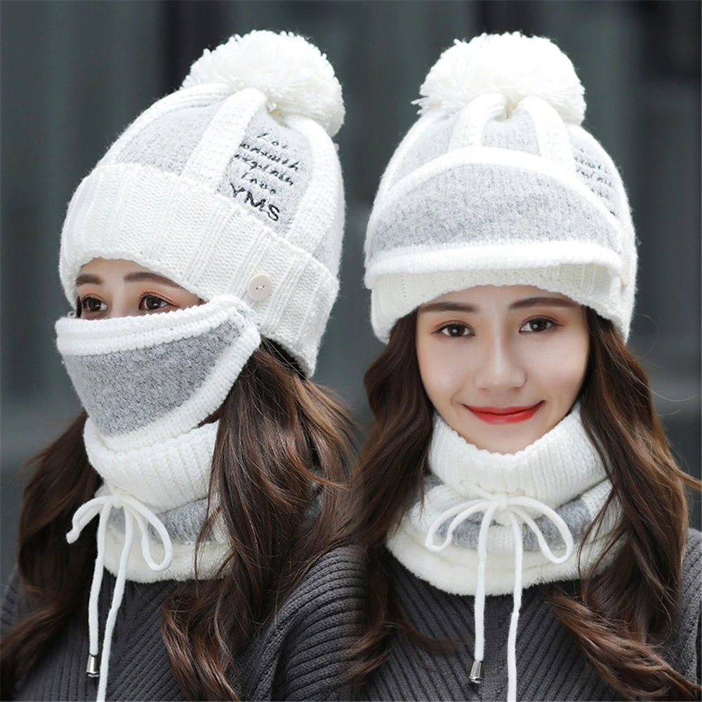 Новые брендовые зимние шапки женские защитные шапочки с ушками Skullies Hat с нагрудником наборы масок 3 женские теплые бархатные толстые шерстяные шапки для верховой езды