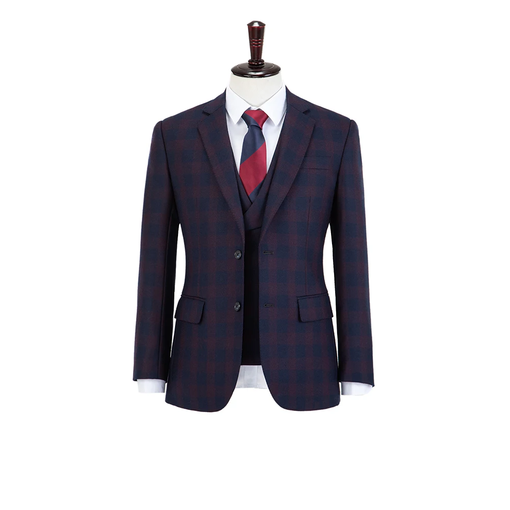 Шерстяной синий и красный стекол плед твид мужской костюм на заказ Ретро мужской свадебный Блейзер костюм 3 шт - Цвет: jacket vest and pant